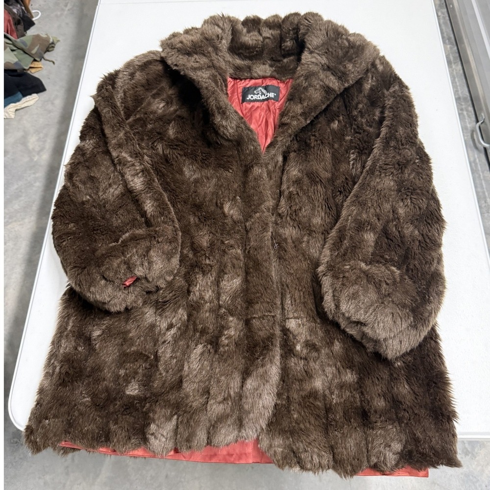 Jordache Faux Fur Coat Women S Brown Excellent Vintage 80s Glam Mid Length